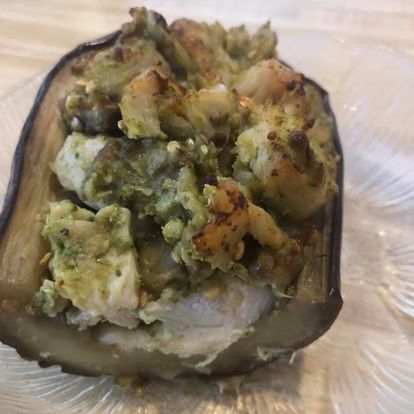 Pesto Chicken Stuffed Eggplant